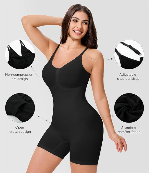 Shapewear Bodysuit for Women – Seamless Tummy Control Mid-Thigh Body Shaper (Skin Color) ~ XL