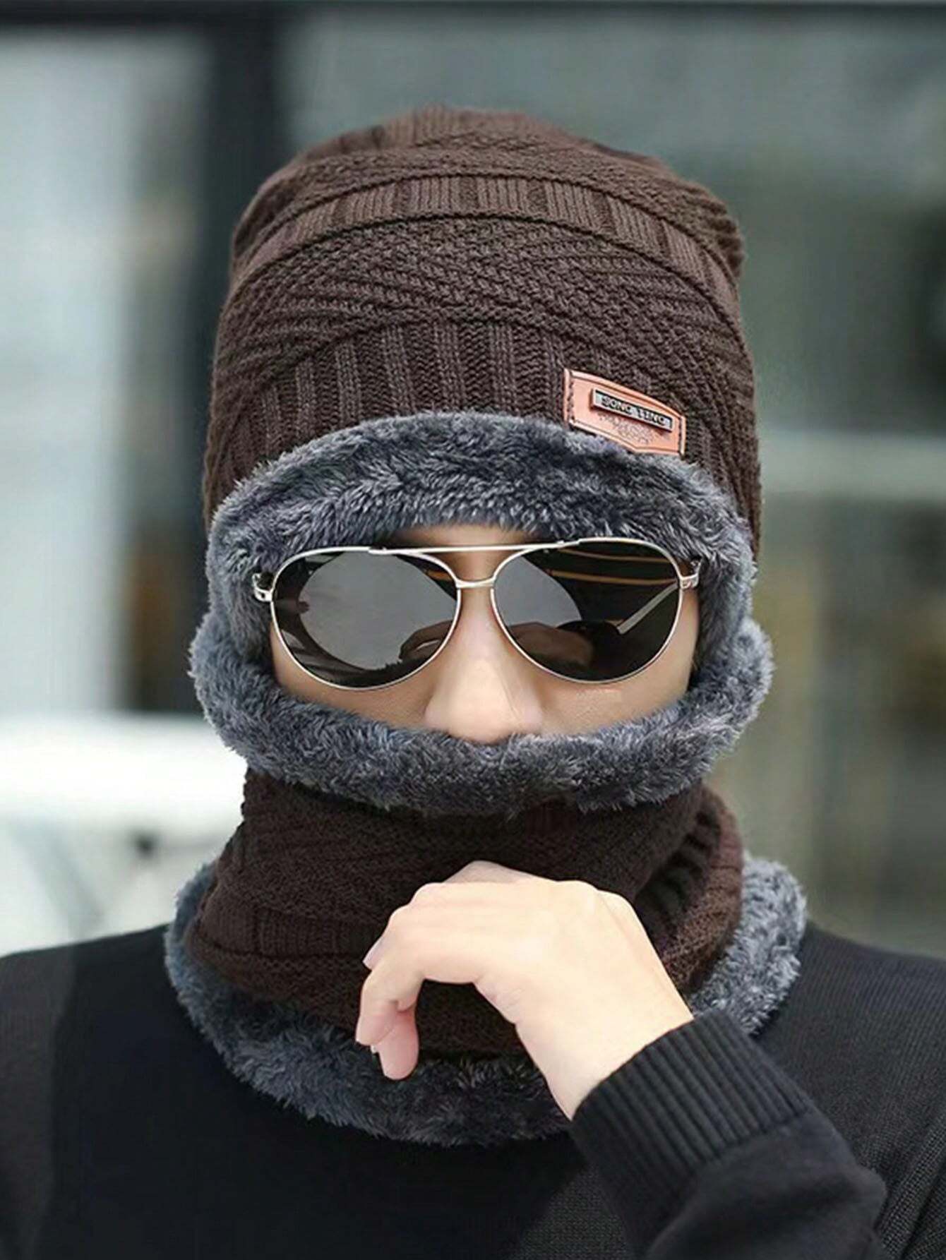 Head & Neck Cap Beanies Combo - woolen winter beanie cap with neck warmer muffler for men and women - black