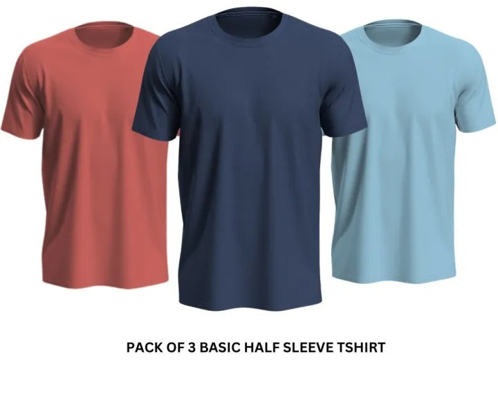 Pack of 3 Premium Half Sleeves Round Neck Plain Color T-Shirts for Men & Boys – Soft Comfortable Fabric (Size Medium)