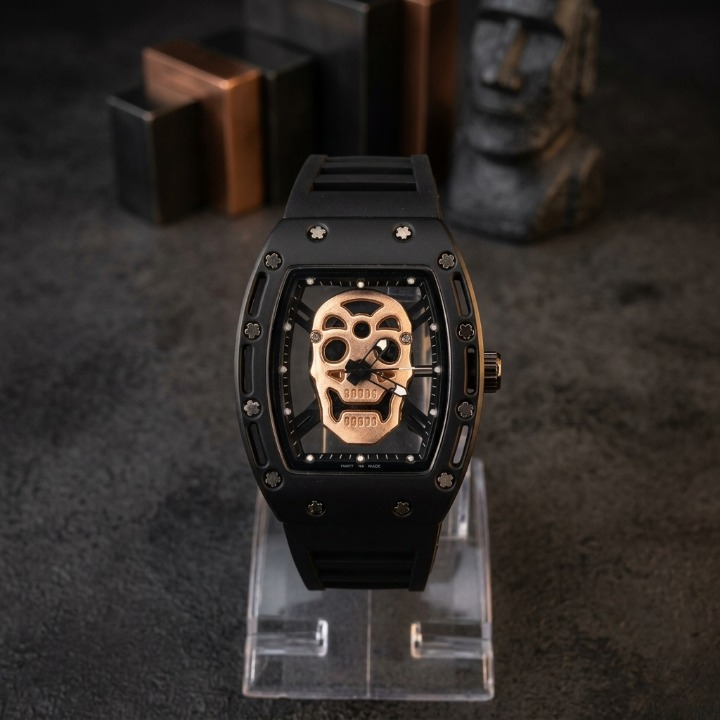 Luxury Non-Waterproof Skull Skeleton Concept Watch – Bold Tonneau Case with Sporty Silicone Strap (Without Box) - Golden