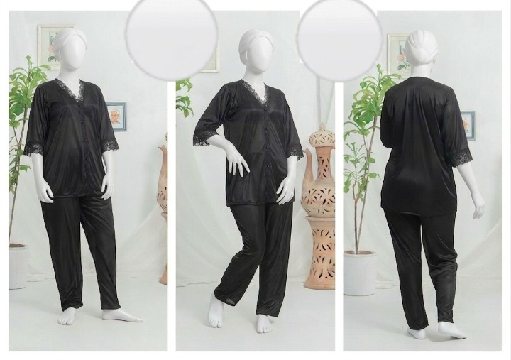 Women’s Luxury Silk Satin Pajama Set with Elegant Lace Trim SKU R-010 (Color Black Free Size)