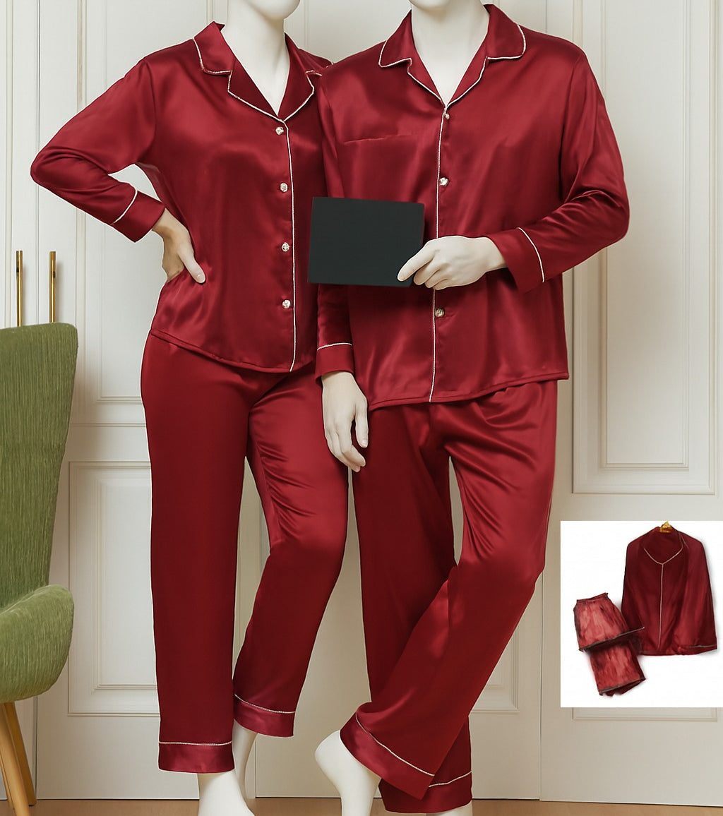 Classic Couple Night Suit Silk Satin Pajama Set – Long Sleeve Top & Full-Length Pants (4 Pcs) | SKU: DC-C007 Red