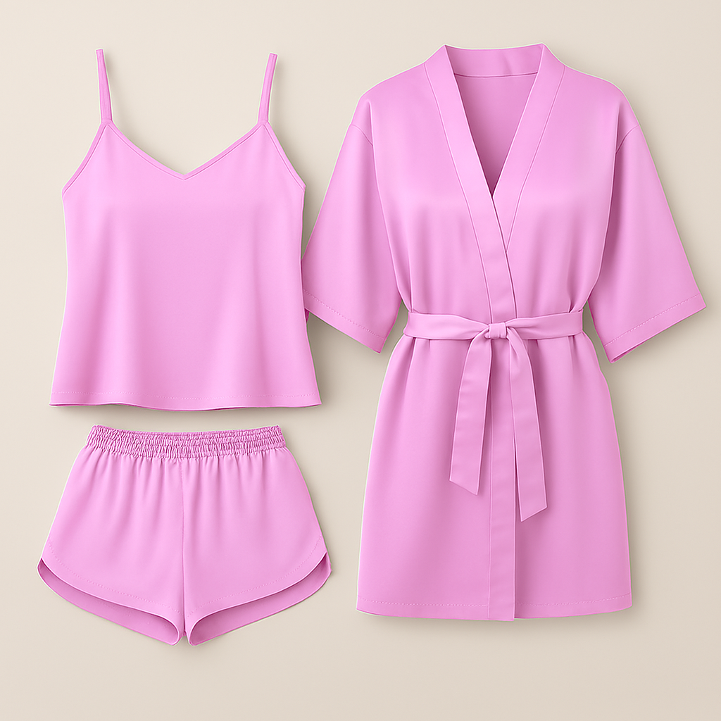 3-Piece Satin Sleepwear Set for Women – Camisole, Shorts & Robe | Elegant Nightwear & Loungewear – Free Size (Maroon)