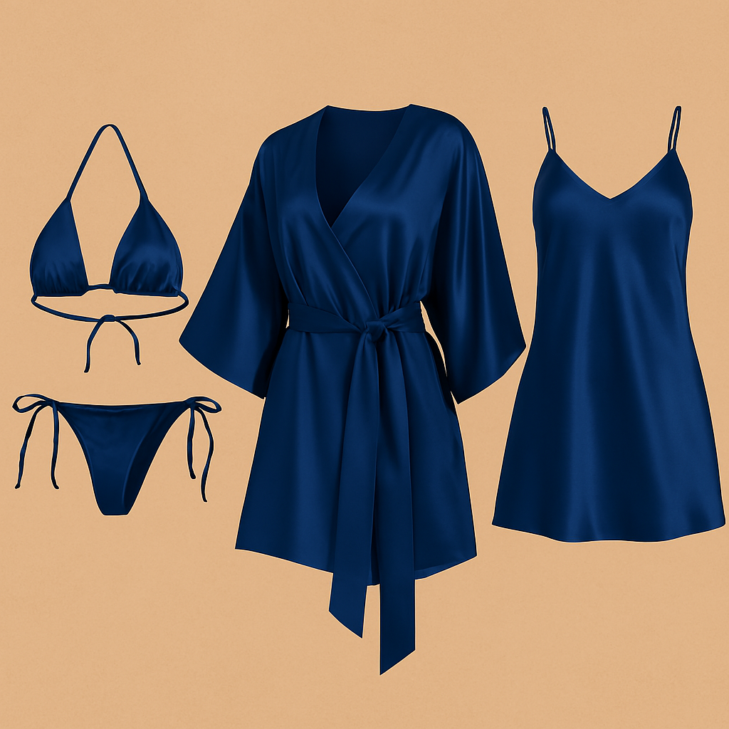 4 PCs-Style Satin Lingerie Set – Bikini, Slip Dress & Robe Combo – Free Size (Maroon)