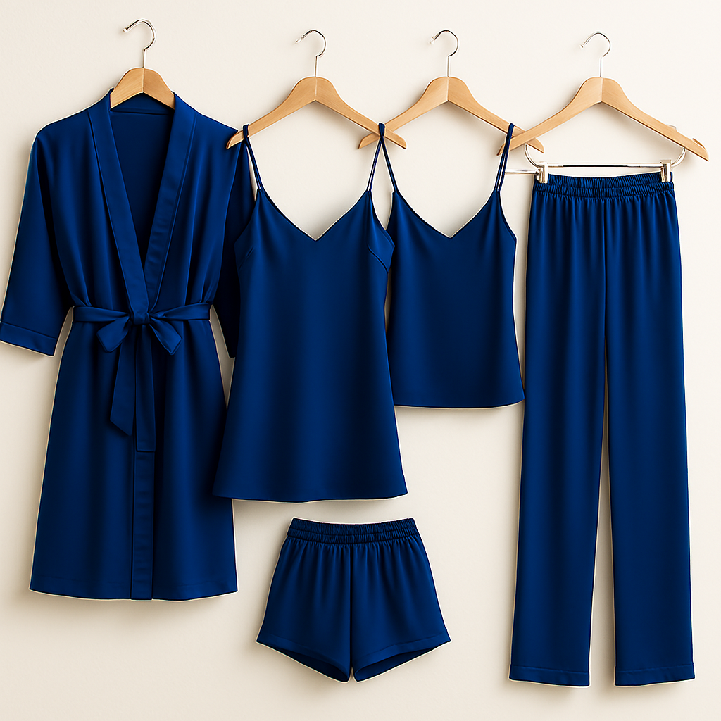 5-Piece Satin Sleepwear Set – Robe, Camisole, Shorts, Pants & Slip Dress Free Size (Maroon)