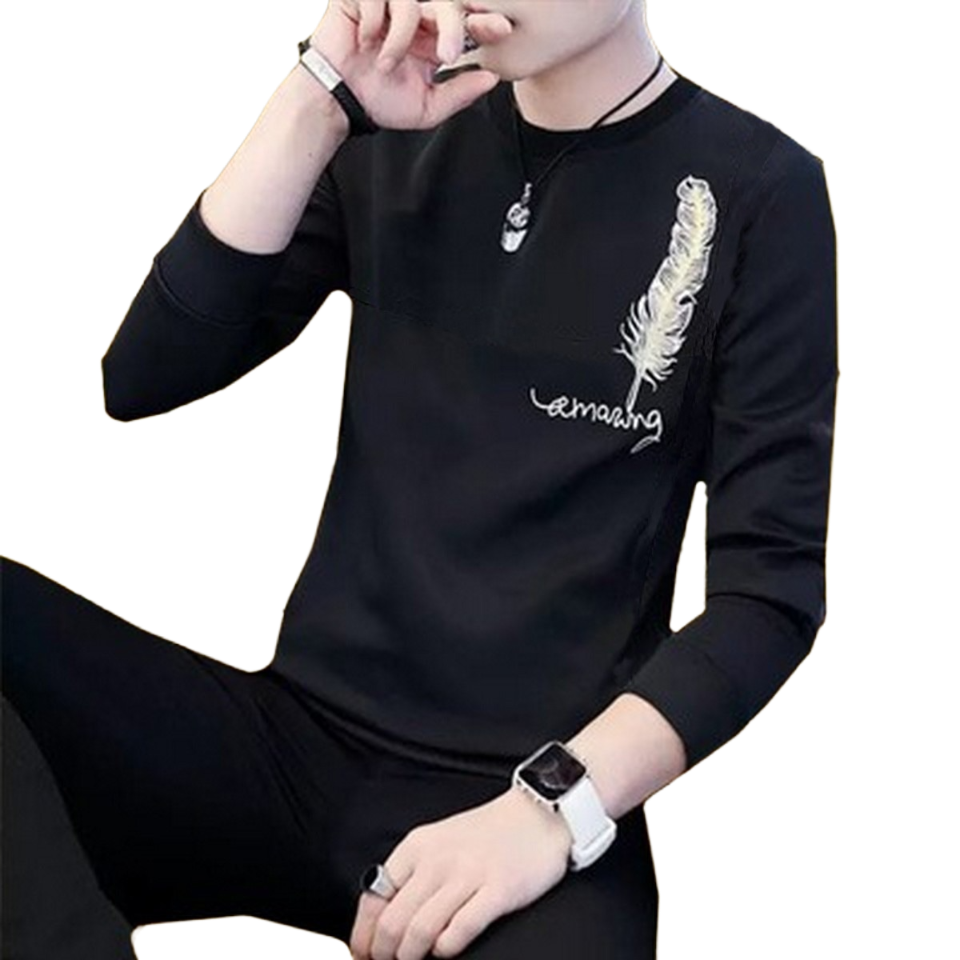 New Collection: Men's Stylish Print Full Sleeves T-Shirt - Premium Quality & Fashionable Design for a Smart Look | Black Leaf Print T-Shirt - M