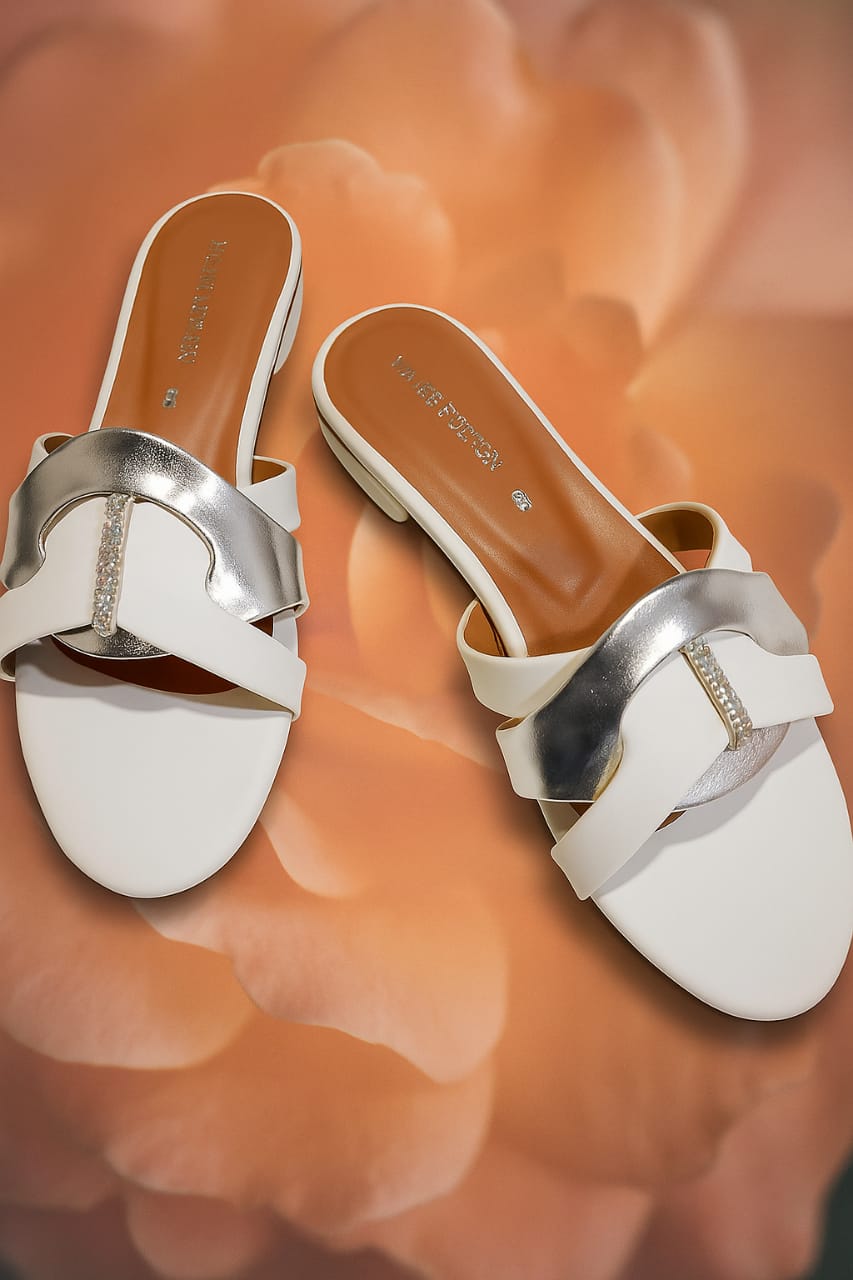 White & Silver Premium Slippers – Elegant Design, Comfy Feel & Stylish Look | Shine with every step — comfort, elegance and class in one perfect pair | Slipper | Slipper For Women (With Box) - 7