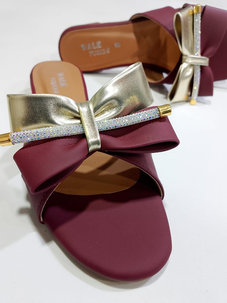 Stylish Maroon Block Heel Slip-On Slippers for Women with Golden Bow and Rhinestone Detailing – Comfortable Daily & Party Wearone perfect pair Stylish | Comfortable | Premium Quality | Slipper | Slipper For Women (With Box) - 7