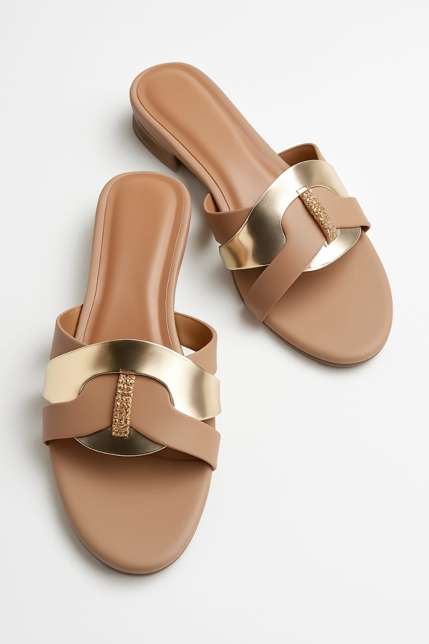 Women's Tan & Gold Embellished Flat Sandals – Stylish Slip-On Slides with Luxury Comfort & Chic Gold Accent Shine with every step — comfort class in one perfect pair | Slipper | Slipper For Women (With Box) - 7