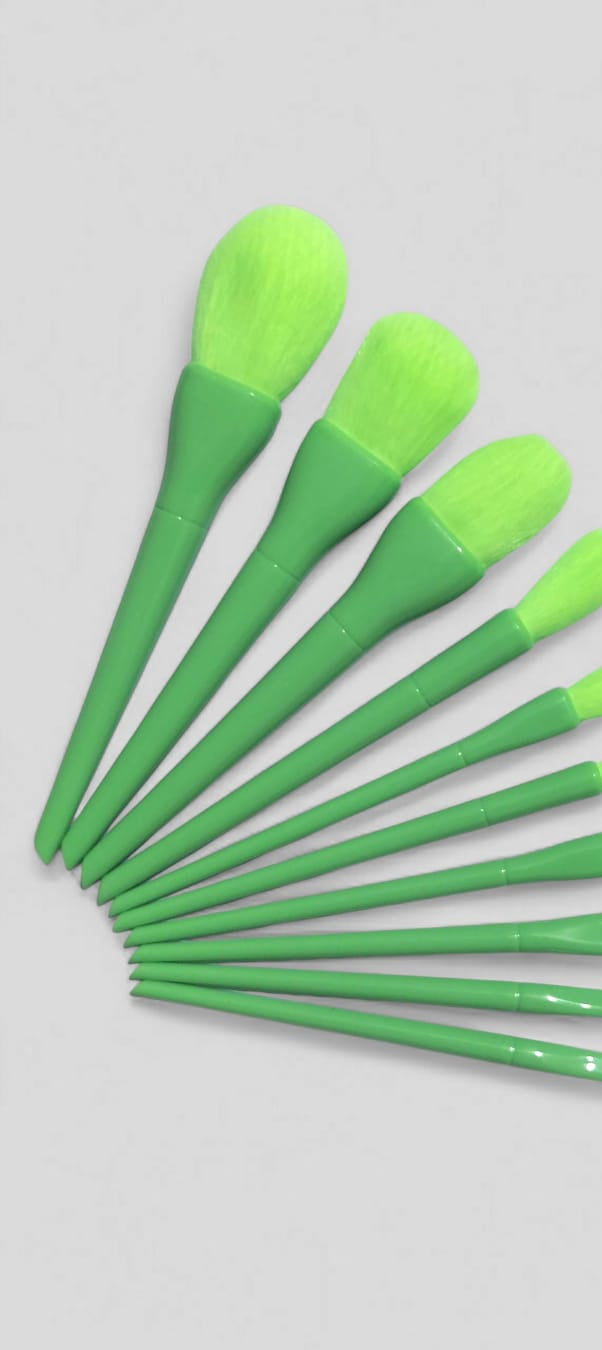 10 Pcs Professional Makeup Brush Set – Face, Eyes & Lips | Concealer, Blush, Eyeshadow, Highlighter | Orange & Green Colors - Green