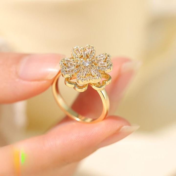 Clover Zircon Rotating Ring – Elegant Adjustable Spinner Ring for Women & Girls, Silver & Golden Finish (QSJ-110) - Silver