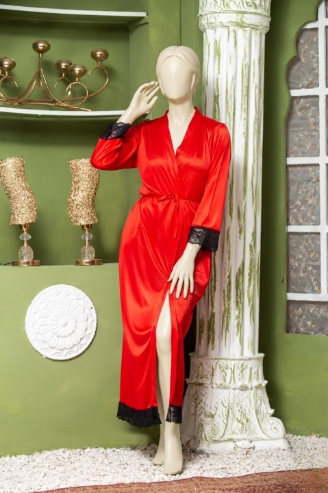 Elegant Luxury Silk Night Gown with Delicate Lace Trim - Comfortable Sleepwear for Women Free Size - Sku : R-016 - Red