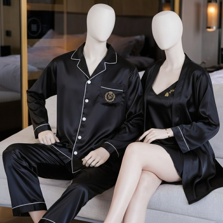 Couple Night Dress Silk Sleepwear Set – 4-Piece Pajama & Robe Set | SKU: DC-C012 | Maroon