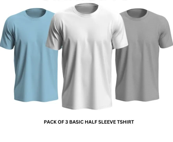Pack of 3 Premium Half Sleeves Round Neck Plain Color T-Shirts for Men & Boys – Soft Comfortable Fabric (Size Medium)