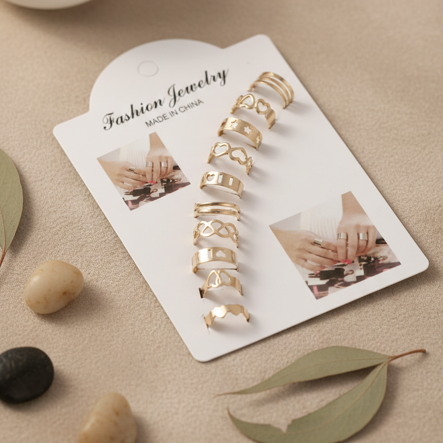 10 Pcs Adjustable Alloy Rings Set for Women & Girls – Stackable Fashion Jewelry Collection ~ Golden