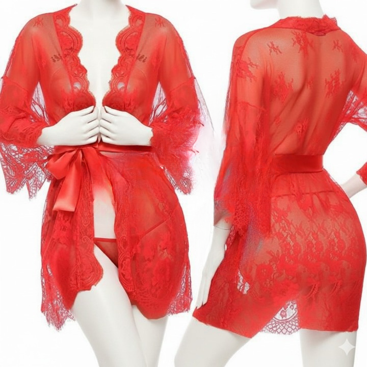 Single Pcs Women’s Net Transparent Sheer Lace Robe Gown – Long Sleeve Free-Size Nightwear With Satin Belt For Elegant And Stylish Comfort | DC-1051 (Red)