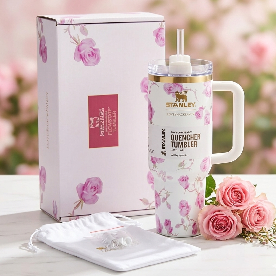 Stanley x LoveShackFancy Limited Edition 40oz Quencher H2.0 FlowState Tumbler – Floral Collaboration Collection ( White Floral )
