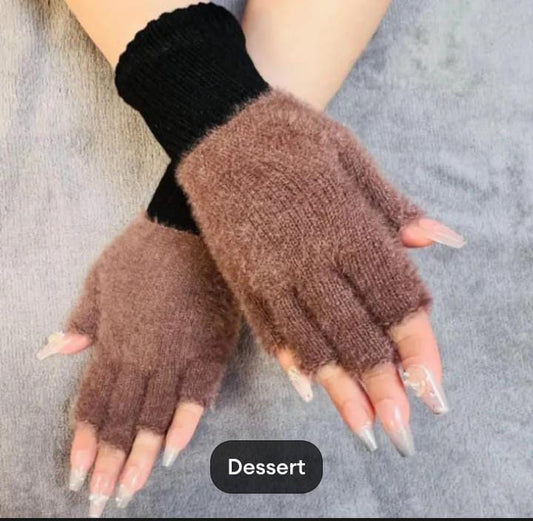 Girls Soft Plush Half Finger Gloves | Warm Fuzzy Fingerless Winter Gloves -black