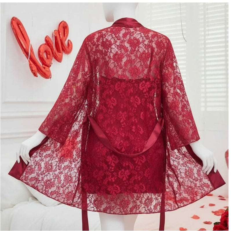 Soft Lace Robe & Silk Inner – 2 Piece Transparent Net Gown Set | Free Size (Fits Up to 38” Chest) | DC-2052 - Maroon