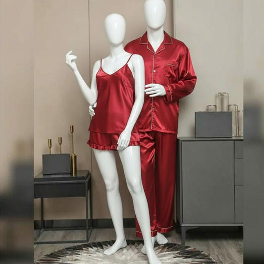 Premium Satin Silk Couple Night Suit Pajama / Short Set – Matching Luxury Nightwear for Men & Women (4 Pcs) | SKU: DC-C010 ~ Maroon