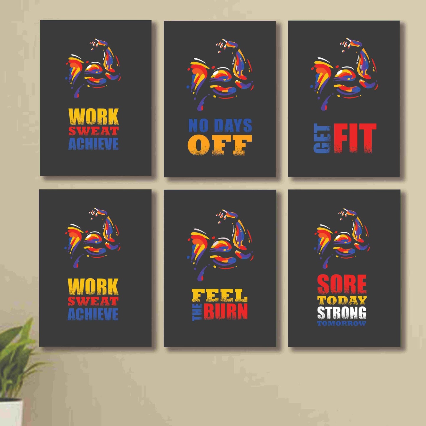 6 Pc Wall Decor Cardboard Phototiles With Double Tape Motivational Gym Quotes Work Hard Biceps Triceps(5*7size)