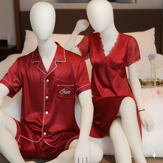 Couple Night Suit / Sleepwear Set – Stylish Nightdress & Pajama Shorts | SKU DC-C003 | Maroon (3 Pcs)