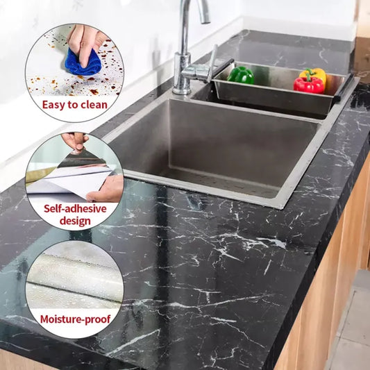 Self Adhesive Black Marble Sheet Sticker For Kitchen, Cupboard, Wall – Anti Oil And Heat Resistant Wallpaper (60*200 cm) - pack of 1
