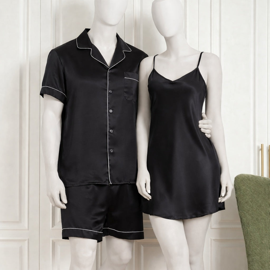 Couple Silk Night Suit / Sleepwear Set – Shirt & Shorts with Slip Dress | SKU DC-C013 (3 Pcs) | Maroon