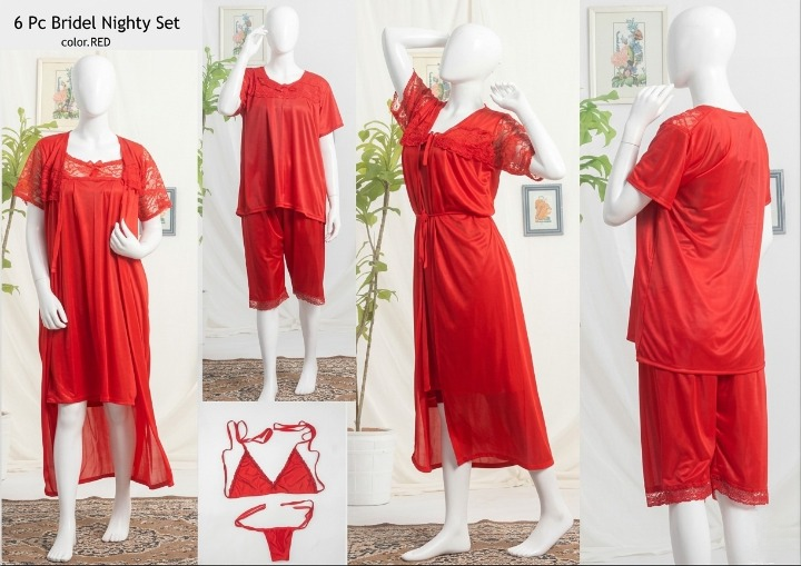 6 PCs Bridal Satin Nighty Set with Matching Thong & Bralette SKU R-009 (Color Black Free Size)