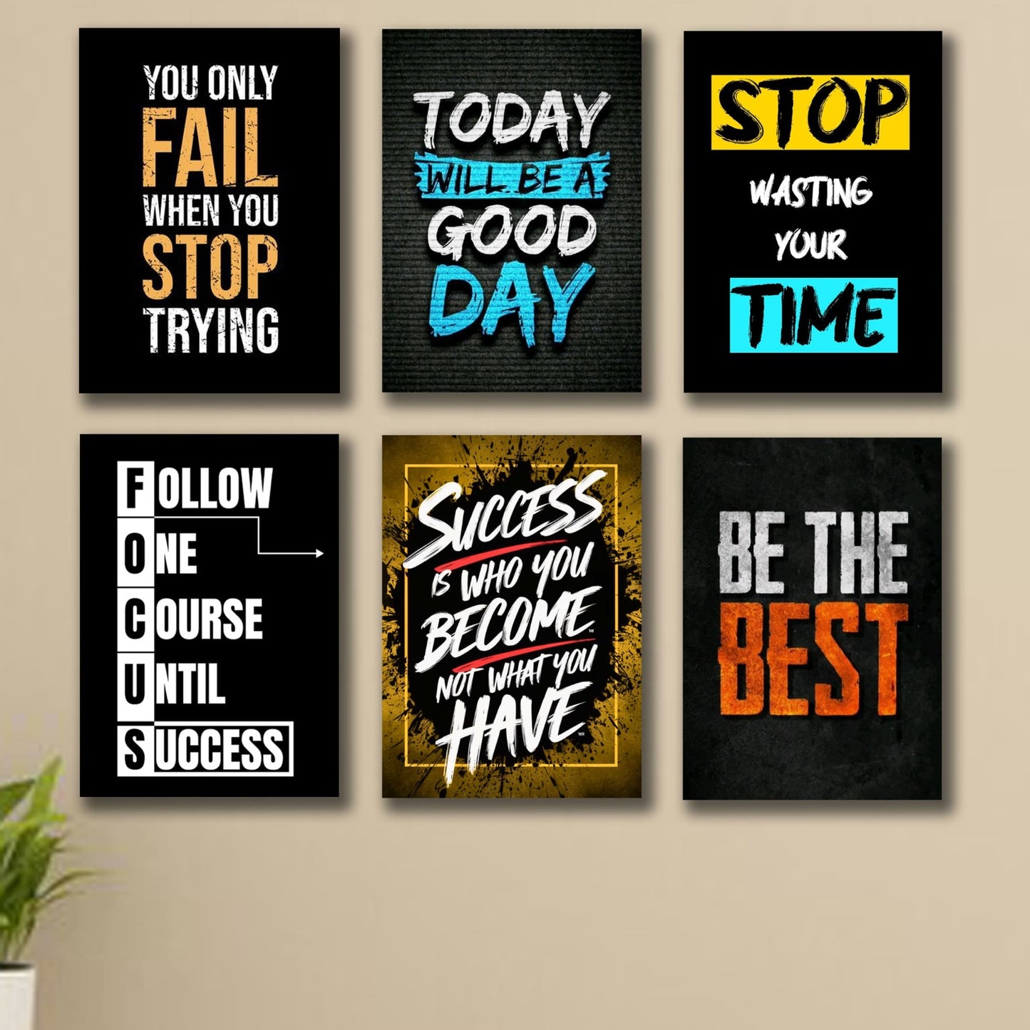 6 PC Success Motivational Quote Wall Decor Cardboard Phototiles Elegant And Inspiring Decorative Home And Office Art - 5*7