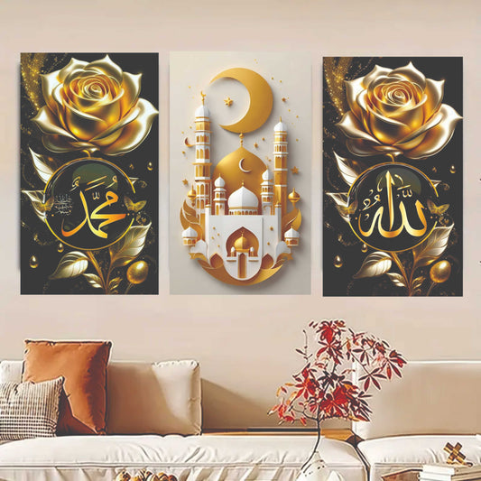 set of 3 Flower Islamic art wooden frames for wall decoration / sticky photo tile