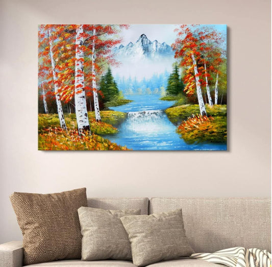 Autumn Mountain River Canvas Art | Scenic Nature Landscape Wall Decor | Artistic Forest Painting for Home | 12x16 Inches
