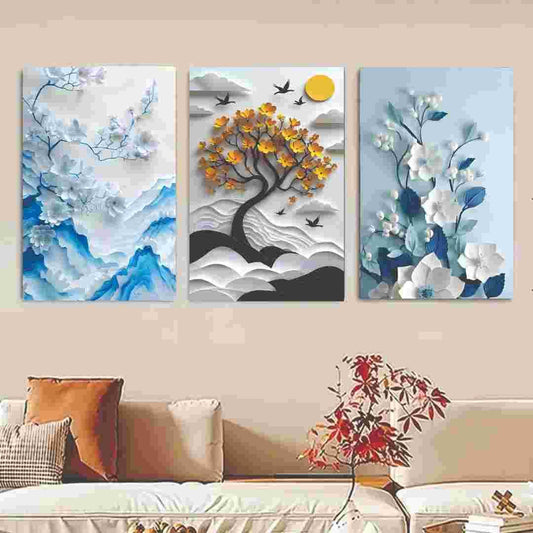 Set Of 3 Flower Tree Art Wooden Frames For Wall Decoration / Sticky Photo Tile