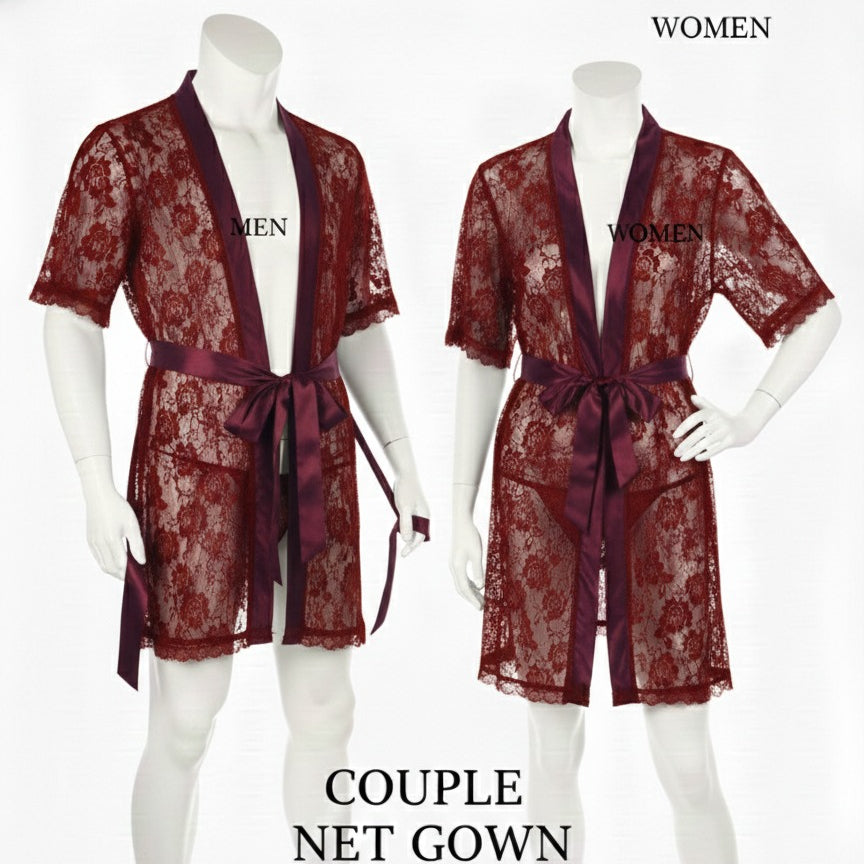 Couple Matching Romantic Robe / Gown Set – Sensual Net Nightwear for Men & Women (Pack of 2) | SKU: DC-C004 | Maroon