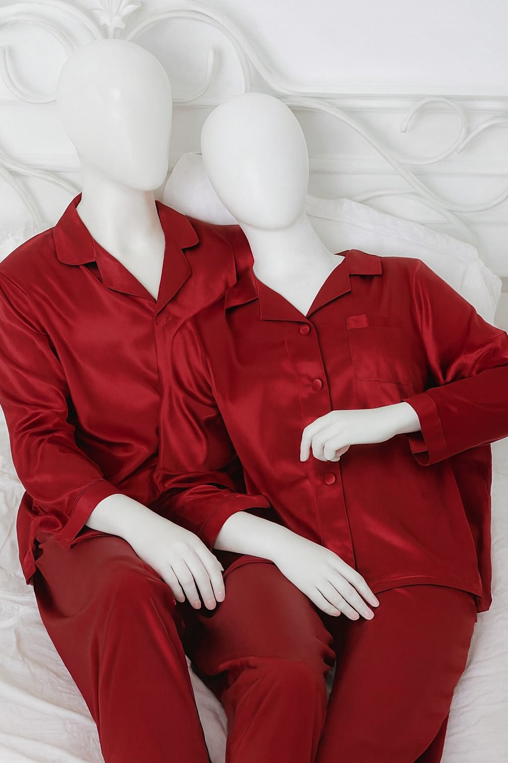 Couple Night Suit Silk Satin Pajama Set – Long Sleeve Top & Pants |  SKU: DC-C011 | Maroon (4 Pcs)