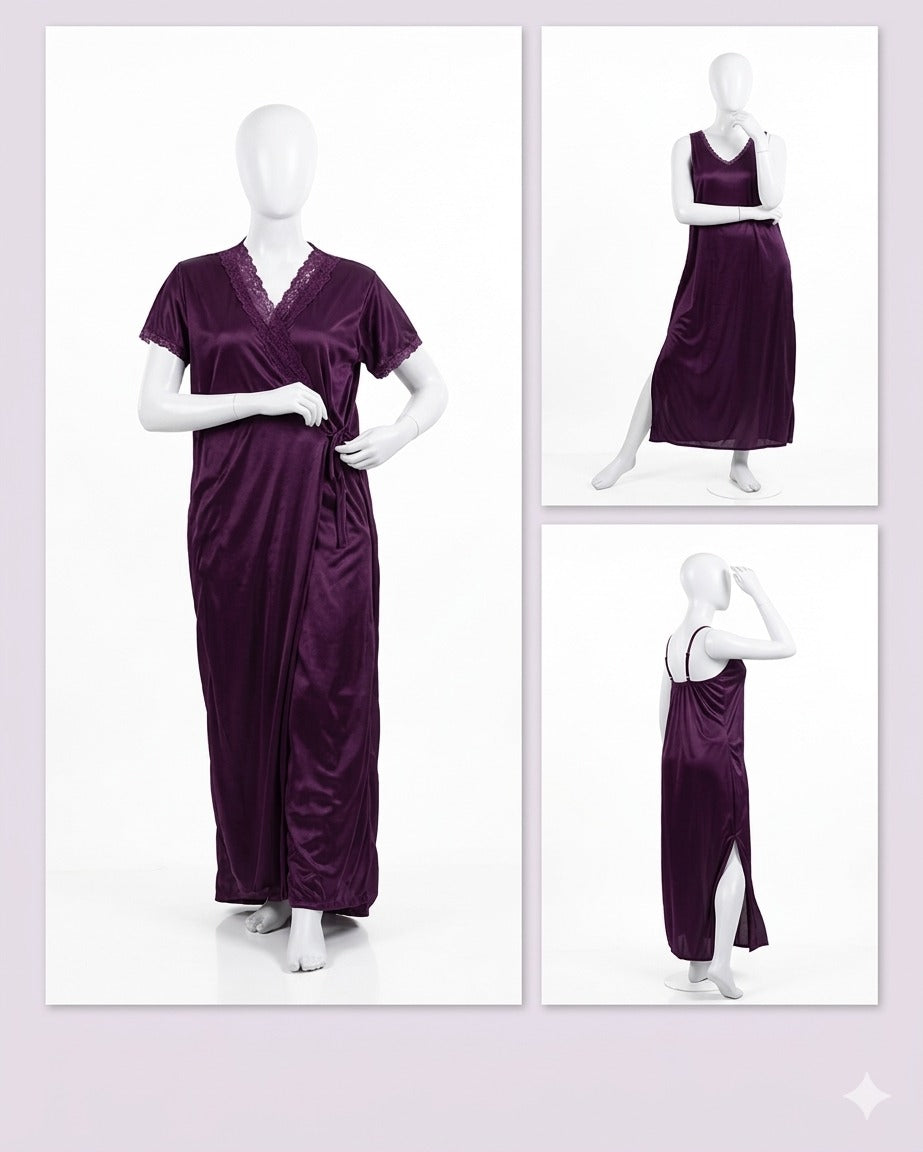 2 Pcs Premium Silk Lace Women's Sleepwear Set Inner & Gown Nightwear (Size Free Color Black)