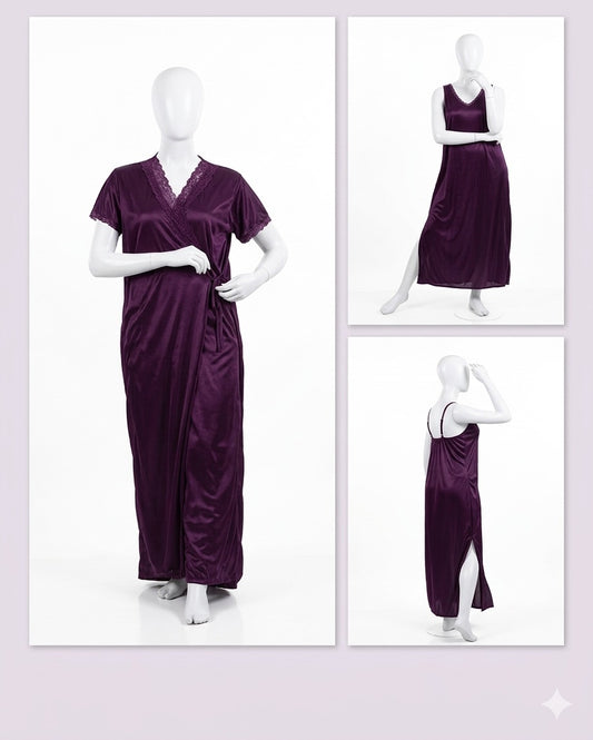 2 Pcs Premium Silk Lace Women's Sleepwear Set Inner & Gown Nightwear (Size Free Color Black)