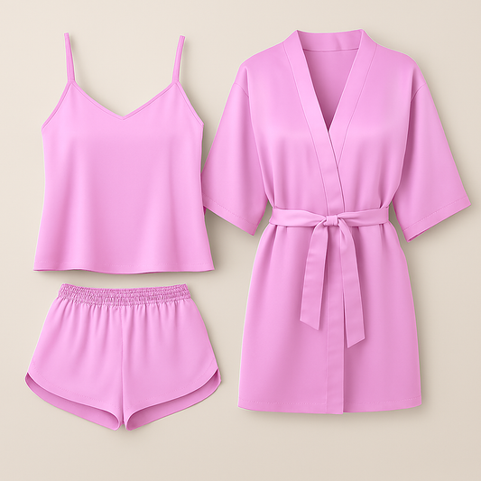 3-Piece Satin Sleepwear Set for Women – Camisole, Shorts & Robe | Elegant Nightwear & Loungewear – Free Size (Maroon)