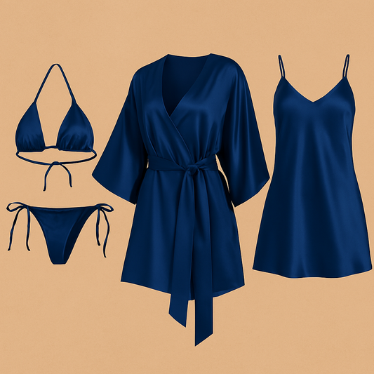 4 PCs-Style Satin Lingerie Set – Bikini, Slip Dress & Robe Combo – Free Size (Maroon)