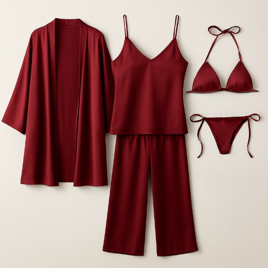 5-Piece Satin Sleepwear Set – Robe, Camisole, Pants & Bikini Nightwear - Free Size (Maroon)