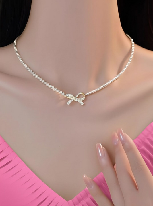 PQT-992 - Bow Shape Pearl Pendant Necklace for Women – Dainty Jewelry with Sparkling Bow Design | Available in Silver &amp; Golden Finish | Perfect Gift for Weddings, Parties &amp; Everyday Glamour - Golden