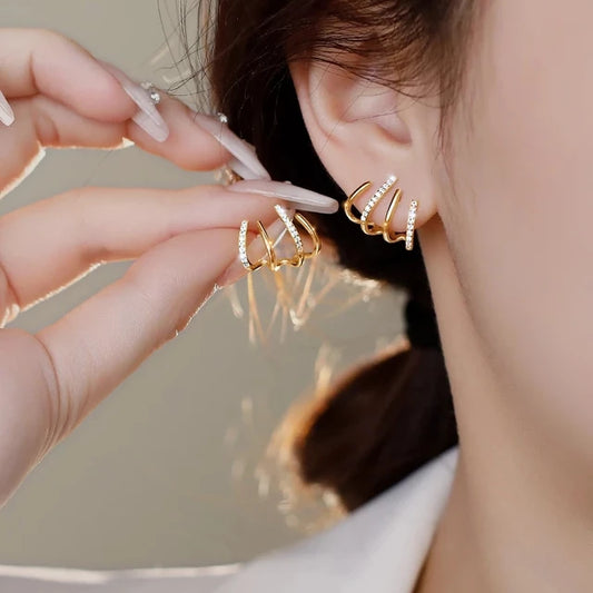W Shape Zircon Korean Earring Cuff Earrings that Look Like Multiple Piercings for Women - Golden