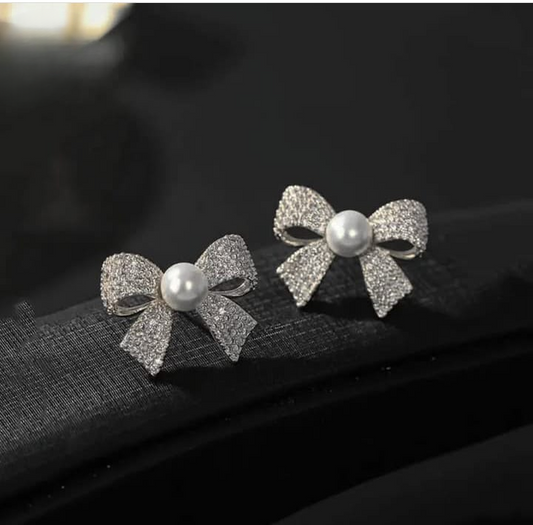 Korean  Elegant Zircon Bow style Earrings Pearl style Bow Earrings For Girls - Silver
