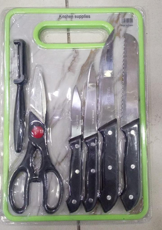 6 in 1 Stainless Steel Knives Set– For meat, bread, fruits, and vegetables | Kitchen Knife Set with Scissors, Peeler &amp; Cutting Board – All-in-One Cooking Essentials with Ergonomic Handles &amp; Sharp Stainless Steel Blades