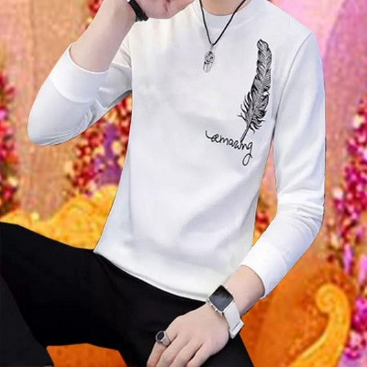 Men's Stylish Leaf Print Full Sleeves T-Shirt - Latest Designer Summer Collection | Premium Stitched Party &amp; Casual Wear for Him - White - M