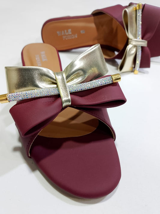Stylish Maroon Block Heel Slip-On Slippers for Women with Golden Bow and Rhinestone Detailing – Comfortable Daily &amp; Party Wearone perfect pair Stylish | Comfortable | Premium Quality | Slipper | Slipper For Women (With Box) - 7