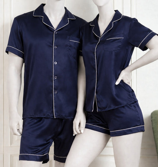 Couple Night Dress Silk Pajama Set – Short Sleeve Shirt & Shorts (4 Pcs) | SKU DC-C014 | Maroon