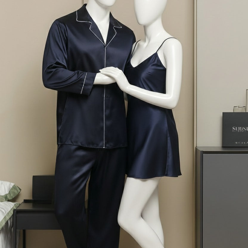 Premium Nighty Suit Satin Silk Couple Pajama Set – Luxurious Matching Night Wear for Men & Women (3 Pcs) | SKU: DC-C005 | Maroon