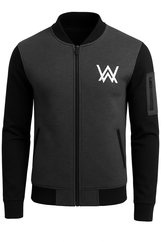NEW Winter Collection Charcoal Grey WA Printed Zipper Jacket for Men &amp; Boys – Premium Fleece Material, Stylish Bomber Design, Full Front Zipper Closure - XL