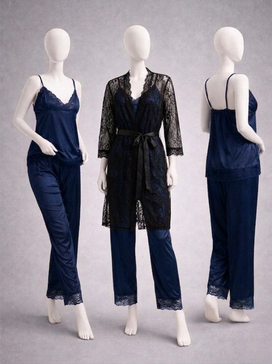 Elegant 3-Piece Women's Nightwear Set – Silk Cami, Pyjamas & Lace Robe (Free Size) Black